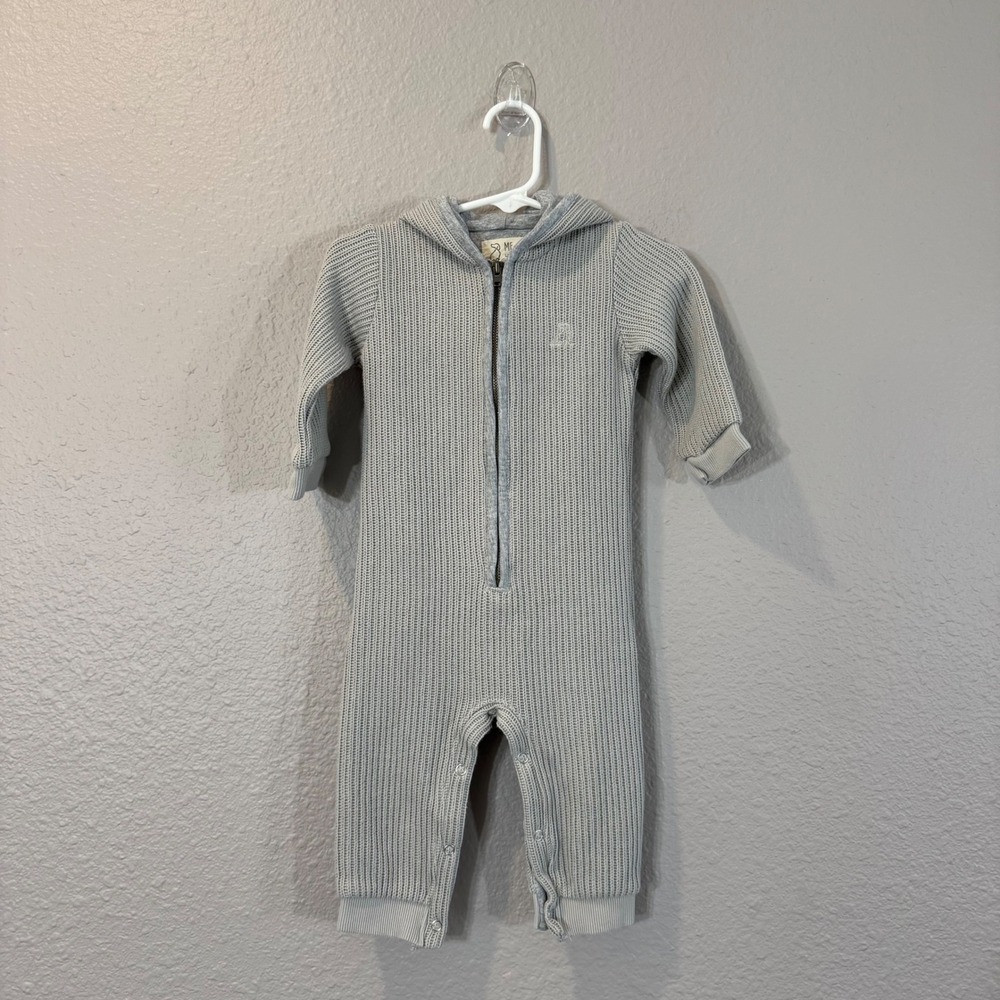 Me & Henry Kid's Size 6/9M Gray Ribbed Knit Hooded Long Sleeve Zipper Romper